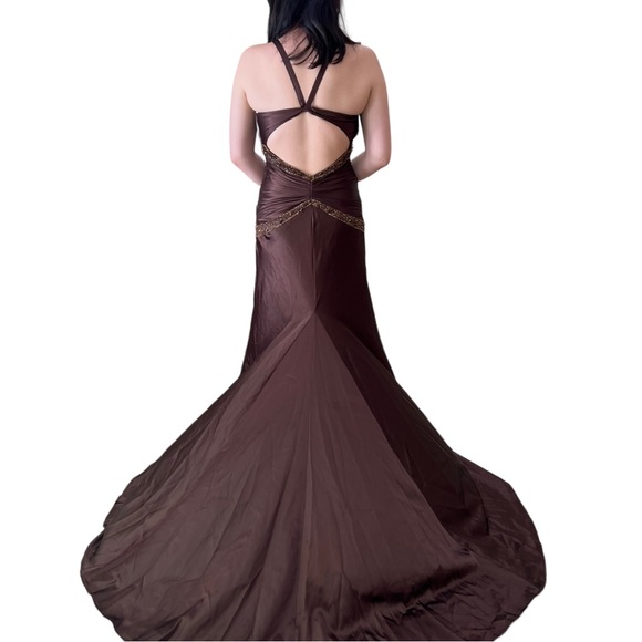 ALYCE DESIGNS Chocolate Brown Satin Formal Gown With Train and Cutout Midriff - Picture 11 of 16
